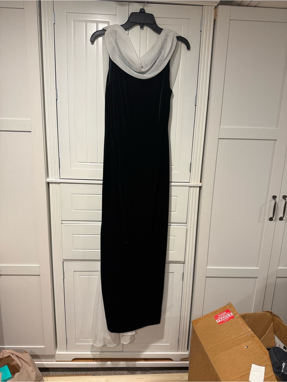 Betsy & Adam Black Velvet Maxi Gown with White Sheer Cowl